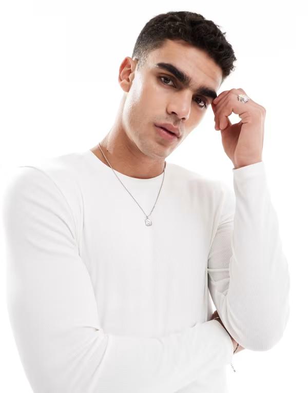 エイソス メンズ トップス Tシャツ ASOS DESIGN essential muscle fit long sleeve T-shirt in cream rib Coconut milk クリーム