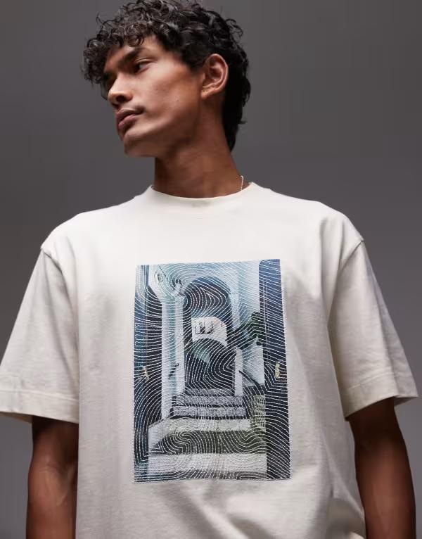トップマン メンズ トップス Tシャツ オーバーサイズフィット プリント シャツ Topman oversized fit t-shirt with doorway image print and embroidery in ecru ECRU エクリュ