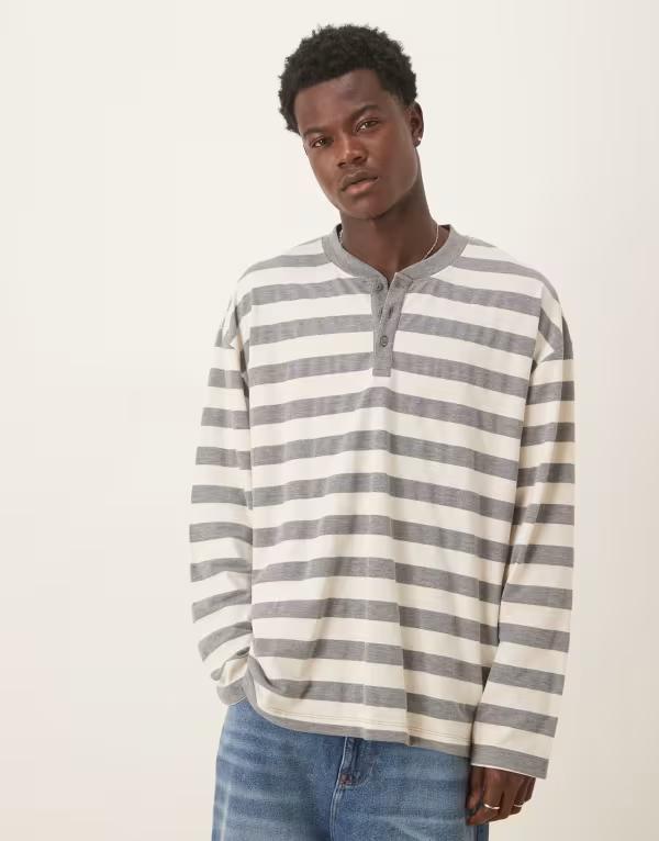 エイソス メンズ トップス Tシャツ ヘンリーネック シャツ ASOS DESIGN heavyweight oversized long sleeve T-shirt with henley neck stripe Multi マルチカラー