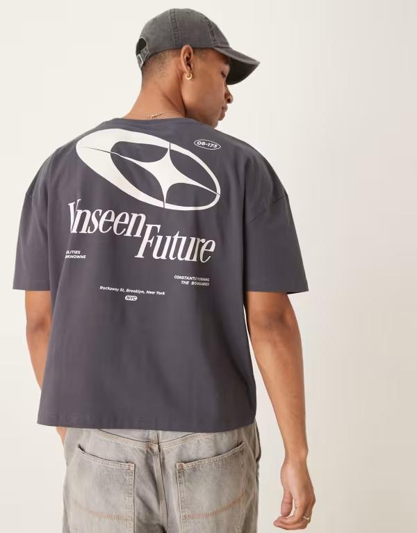 エイソス メンズ トップス Tシャツ プリント シャツ ASOS DESIGN oversized dropped shoulder T-shirt with back print in charcoal Asphalt チャコール