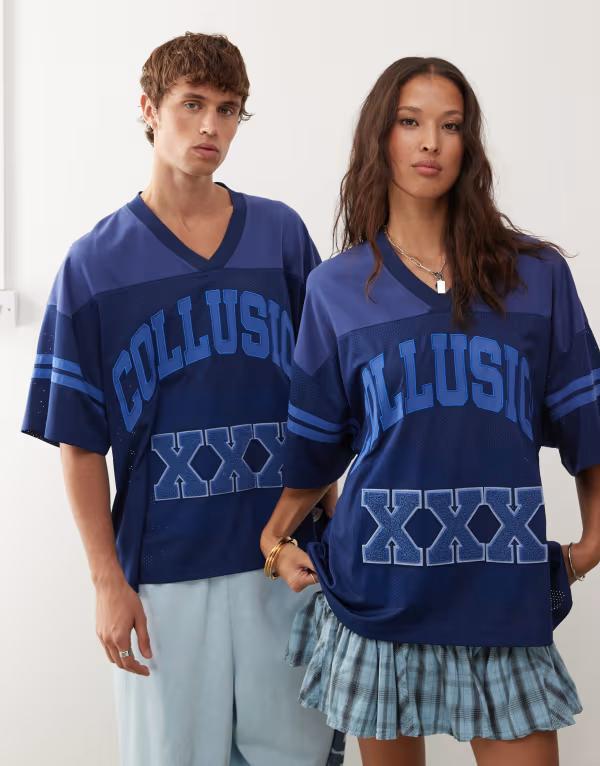 コルージョン レディース トップス Tシャツ プリント ジャージー COLLUSION Unisex soccer jersey blue with print and applique detail BLUE ブルー
