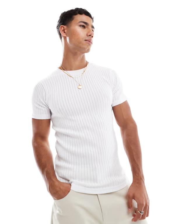 手玉 アンド ジョーンズ メンズ トップス ティーシャツ 肋材 プルオーバー Jack \u0026 Jones muscle fit ribbed t-shirt White 白いこと Tシャツ・カットソー-メンズファッション-トップス