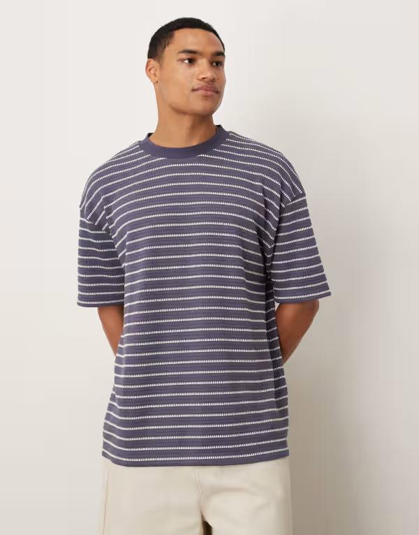 エイソス メンズ トップス Tシャツ ASOS DESIGN heavyweight oversized T-shirt and white textured stripe Navy & White ホワイト