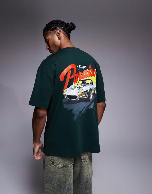 エイソス メンズ トップス Tシャツ グラフィック ASOS DESIGN oversized t-shirt with car graphic in dark Scarab グリーン