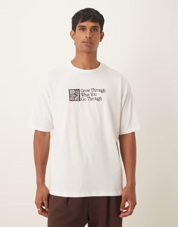 エイソス メンズ トップス Tシャツ ASOS DESIGN oversized t-shirt with text embroidery WHITE ホワイト