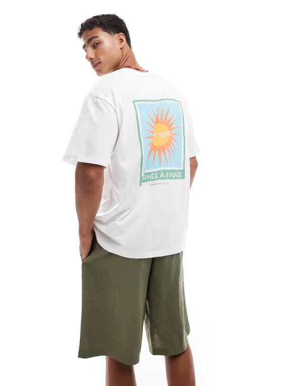 手玉 アンド ジョーンズ メンズ トップス ティーシャツ 刷り上げる プルオーバー Jack \u0026 Jones oversized T-shirt with saint tropez sun back print White 白いこと Tシャツ・カットソー-トップス-メンズファッション