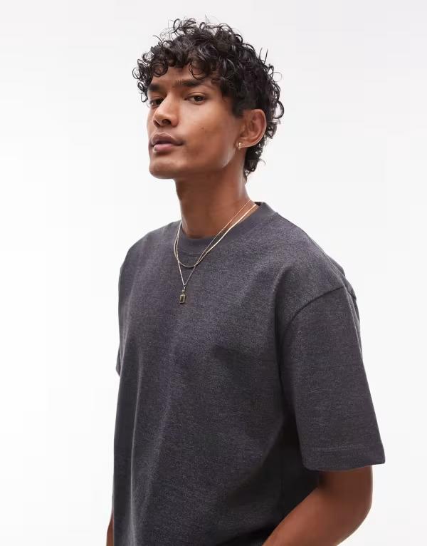 トップマン メンズ トップス Tシャツ Topman premium heavyweight boxy fit t-shirt in heathered charcoal Charcoal marl チャコール