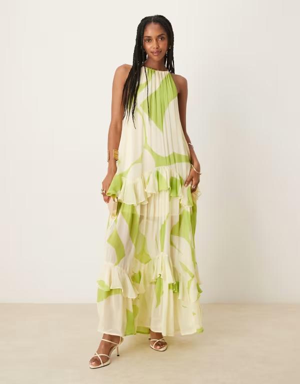 エイソス レディース トップス ワンピース ティアード マキシワンピース プリント フリル マキシ ホルター ASOS DESIGN halter neck tiered ruffle maxi dress abstract print Green グリーン 21,445円