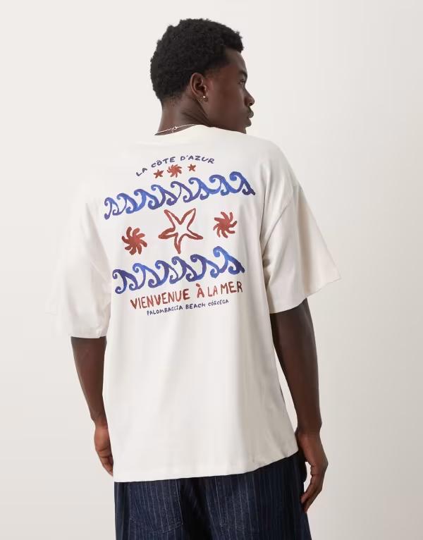 セレクテッドオム メンズ トップス Tシャツ プリント シャツ Selected Homme oversized heavyweight T-shirt with sea back print in off-white White Sand ホワイト