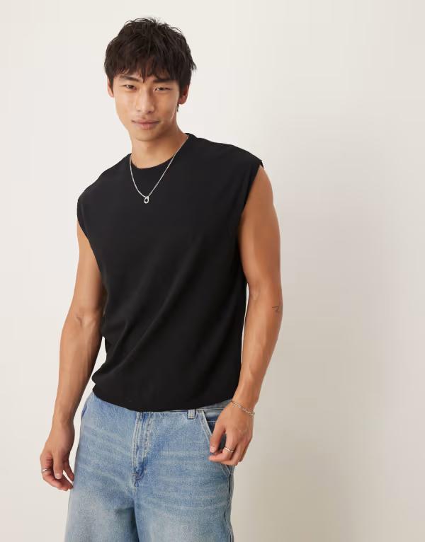エイソス メンズ トップス ベスト クルーネック ニット ASOS DESIGN oversized knit crew neck tank Black ブラック