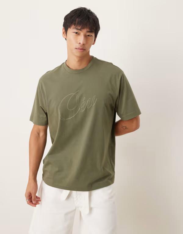 エイソス メンズ トップス ティーシャツ 伸び伸びする相応う 刷り上げる プルオーバー ASOS DESIGN relaxed fit T-shirt with script print detail Tea Leaf カーキ メンズファッション-トップス-Tシャツ・カットソー