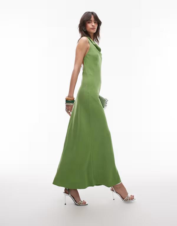 とっ始め販売店 レディース トップス 衣装 開けっ広げうしろ側 midi衣装 ドレープ midi Topshop drape neck open back MIDI dress GREEN 緑であること