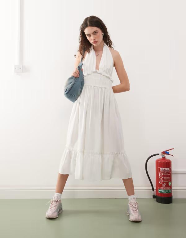 コルージョン レディース トップス ワンピース ミディワンピース ミディ リネン ホルター COLLUSION linen look halter midi dress WHITE ホワイト 11,535円