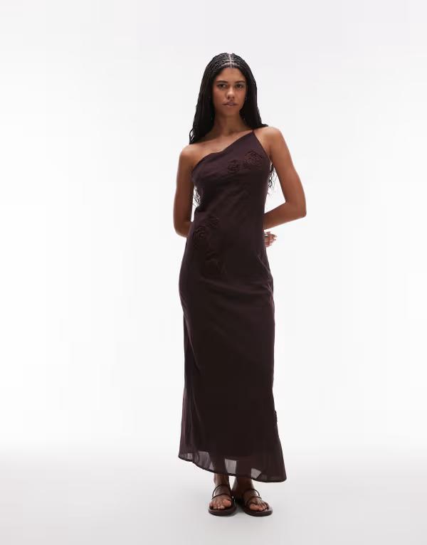 トップショップ レディース トップス ワンピース アシンメトリー ミディワンピース ミディ Topshop asymmetric one shoulder 3D flower midi dress in chocolate Chocolate チョコレート｜ReVida 店