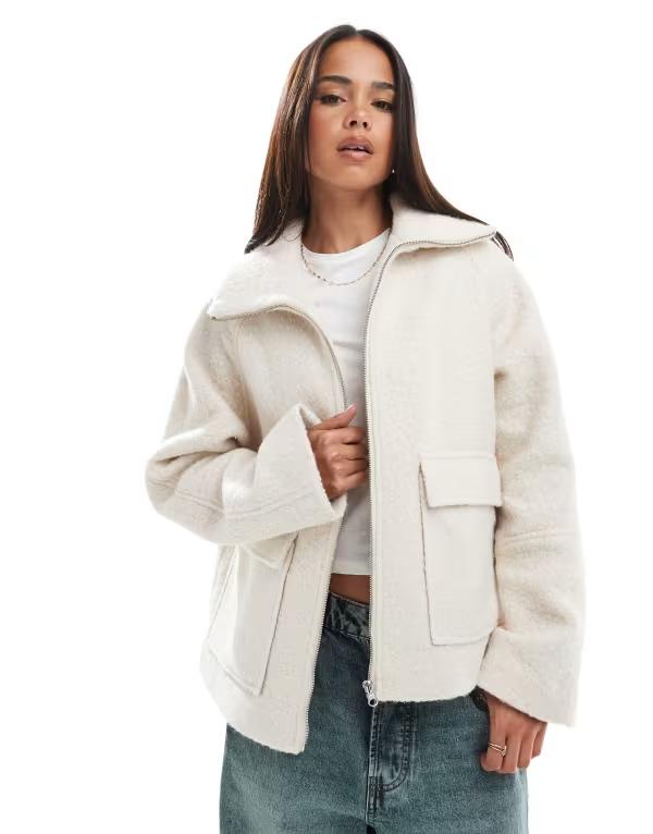 エイソス レディース アウター コート スタンドネック ジャケット ASOS DESIGN funnel neck cozy pocket detail jacket in oatmeal Oatmeal オートミール