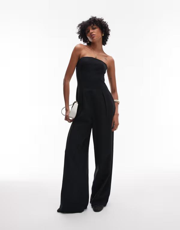とっ始め販売店 レディース トップス 衣装 ワイドレッグ 飛び降りる背広 リネン Topshop seamed wide leg linen mix jumpsuit Black 黒いこと