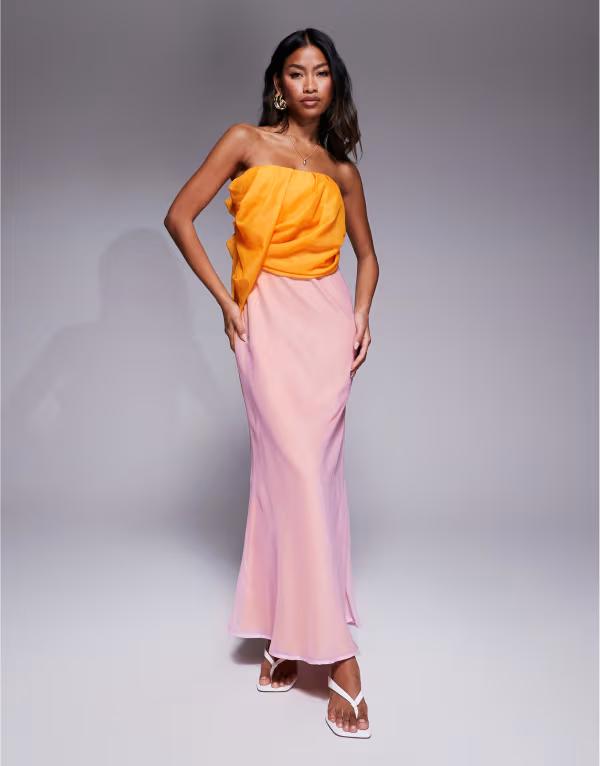 エイソス レディース トップス ワンピース マキシワンピース ドレープ プリント マキシ ASOS DESIGN bandeau draped bias maxi dress and orange ombre print Ombre print ピンク