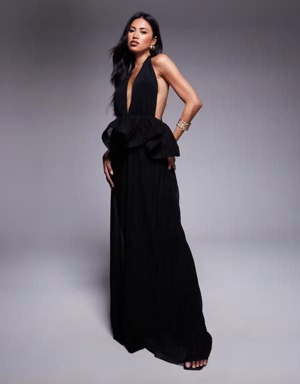 エイソス レディース トップス ワンピース マキシワンピース マキシ ASOS DESIGN plunge plisse maxi dress with wired trim peplum Black ブラック