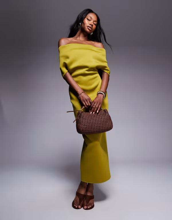エイソス レディース トップス ワンピース ケープデザイン ミディワンピース ミディ スキューバ キャップ ケープ ASOS DESIGN scuba deep bardot midi dress with cape back detail GREEN グリーン