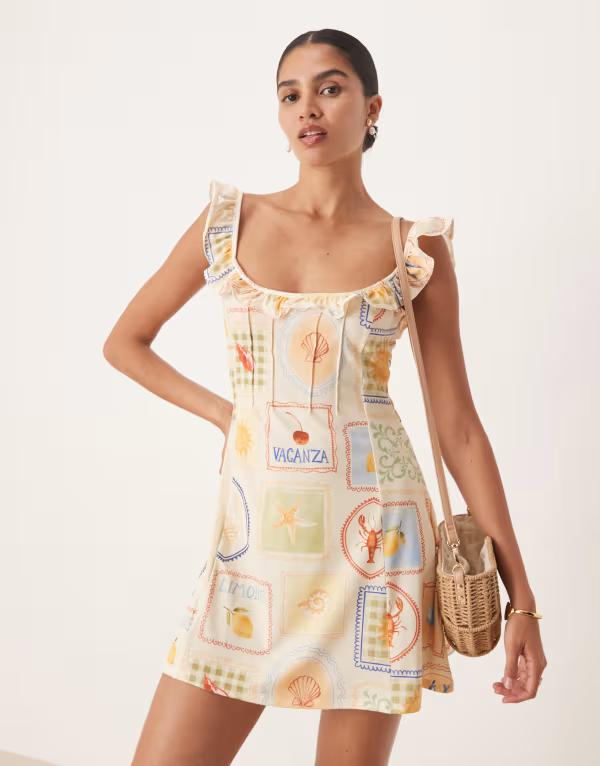 エイソス レディース トップス ワンピース ミニワンピース プリント フリル ミニ ASOS DESIGN ruffle front and straps mini dress in postcard print Postcard print｜ReVida 店