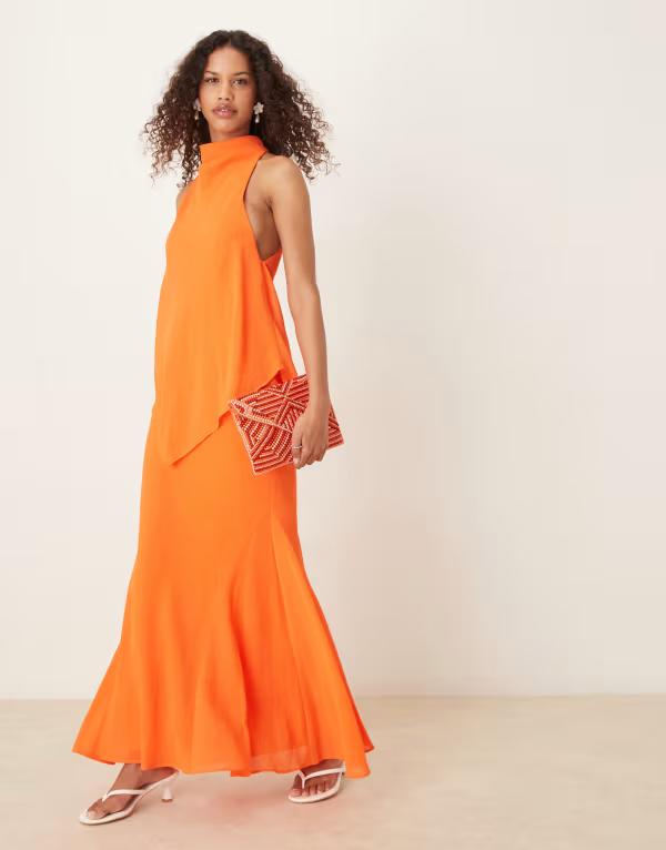 エイソス レディース トップス ワンピース シフォン ハイネック マキシワンピース マキシ ASOS DESIGN chiffon high neck double layer maxi dress in tangerine Tangerine タンジェリン