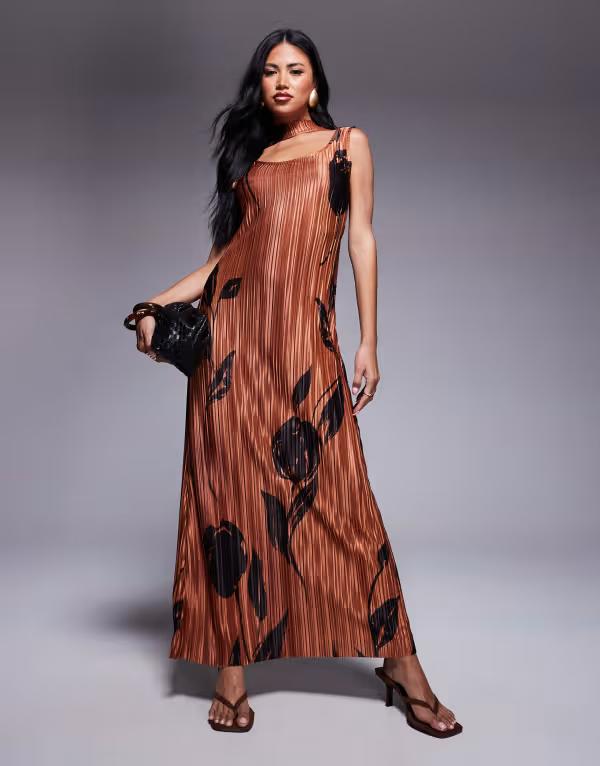 エイソス レディース トップス ワンピース マキシワンピース プリント マキシ ASOS DESIGN square neck scarf maxi dress rose print ROSE PRINT ブラウン