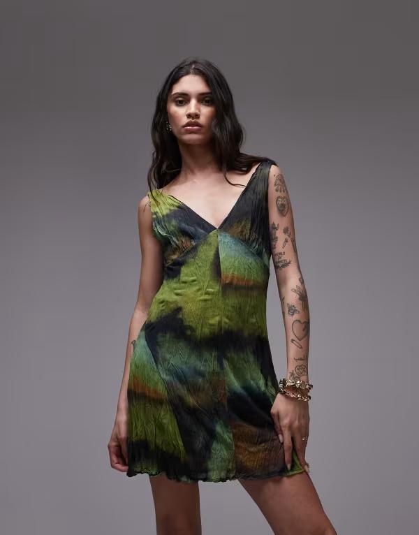 トップショップ レディース トップス ワンピース Vネック ミニワンピース ミニ メッシュ Topshop crinkle mesh v-neck flippy mini dress in multi Multi マルチカラー