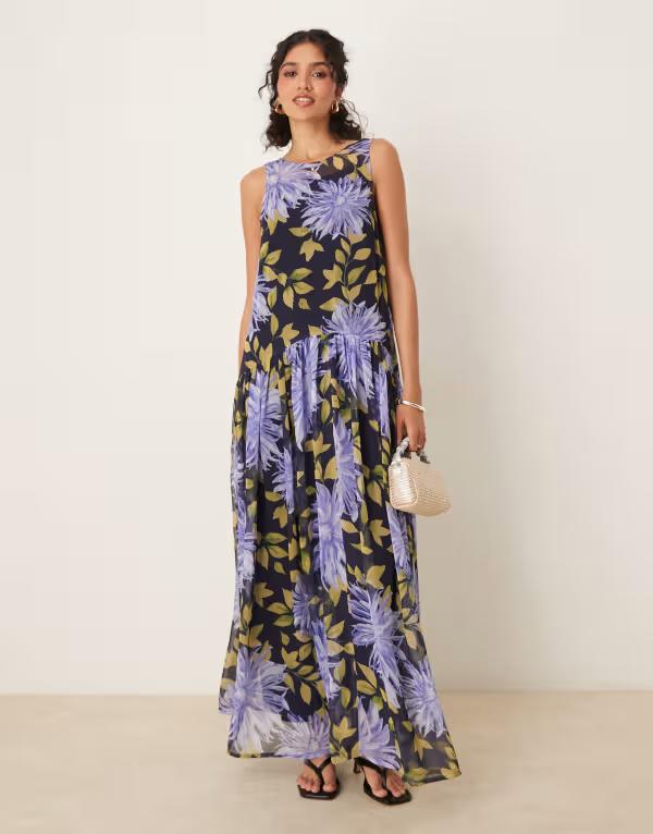 エイソス レディース トップス ワンピース マキシワンピース フラワー柄 プリント マキシ フラワー ASOS DESIGN racer neck smock maxi dress in blown up floral print BLOWN UP FLORAL