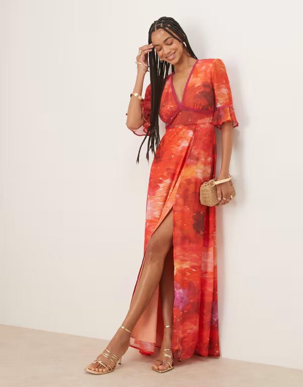 ホープ＆アイビー レディース トップス ワンピース マキシワンピース プリント マキシ Hope & Ivy frill sleeve thigh slit maxi dress with keyhole back in orange print Orange オレンジ