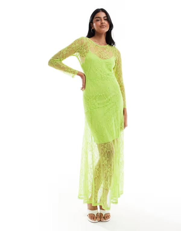 オブジェクト レディース トップス ワンピース マキシワンピース シアー レース マキシ Object long sleeve sheer lace maxi dress in lime BRIGHT LIME GREEN ライム 7,884円