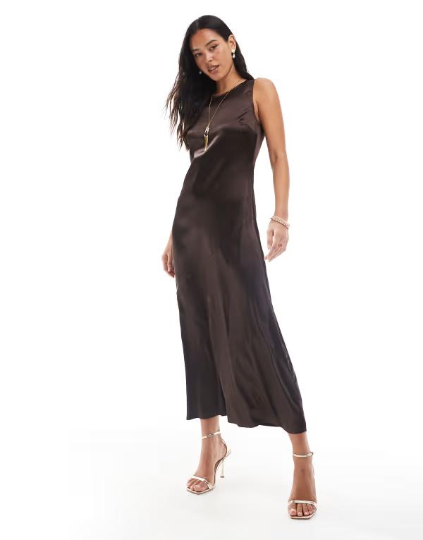 目的語 レディース トップス 衣装 ハイネック マキシ衣装 繻子 マキシ Object high neck textured satin maxi dress インチ chocolate JAVA 黒茶