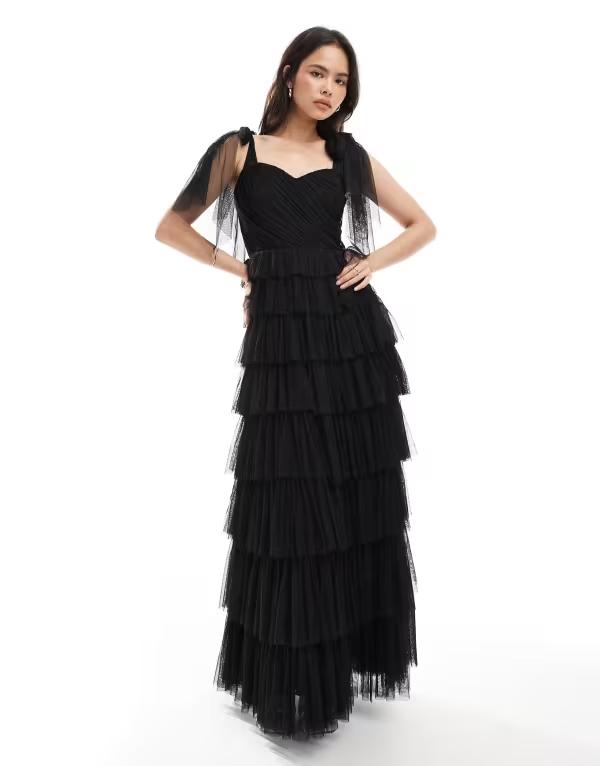 スピード競技 アンド ビーズ レディース トップス 衣装 チュール マキシ衣装 マキシ Lace \u0026 Beads Bridesmaid bow shoulder tulle maxi dress Black 黒いこと