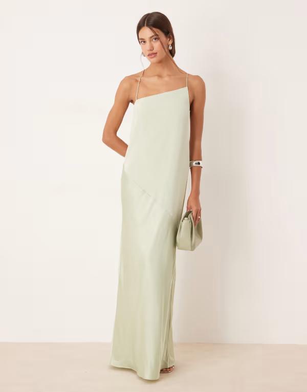 エイソス レディース トップス ワンピース シフォン マキシワンピース ドレープ サテン マキシ ASOS DESIGN draped satin chiffon cami maxi dress in sage SAGE GREEN グリーン