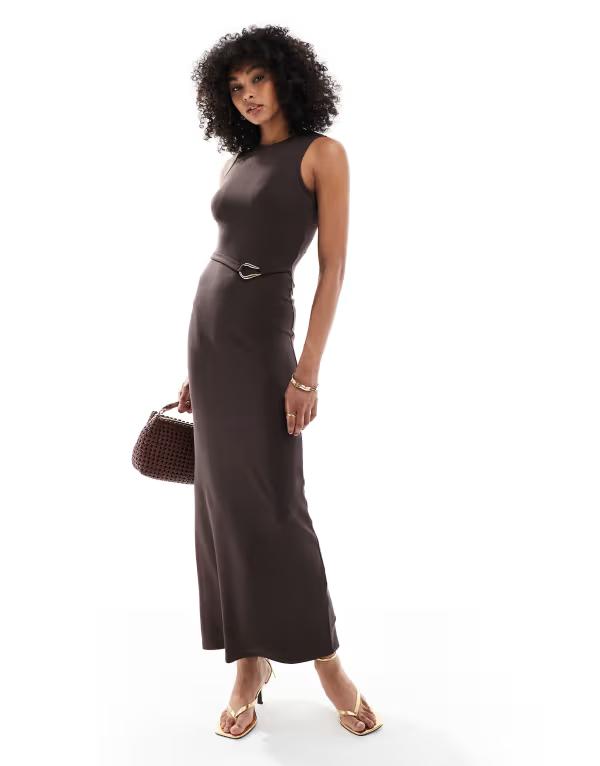 フォース&レックレス レディース トップス ワンピース マキシワンピース ノースリーブ マキシ 4th & Reckless gold hardware belt detail sleeveless maxi dress in chocolate Chocolate チョコレート