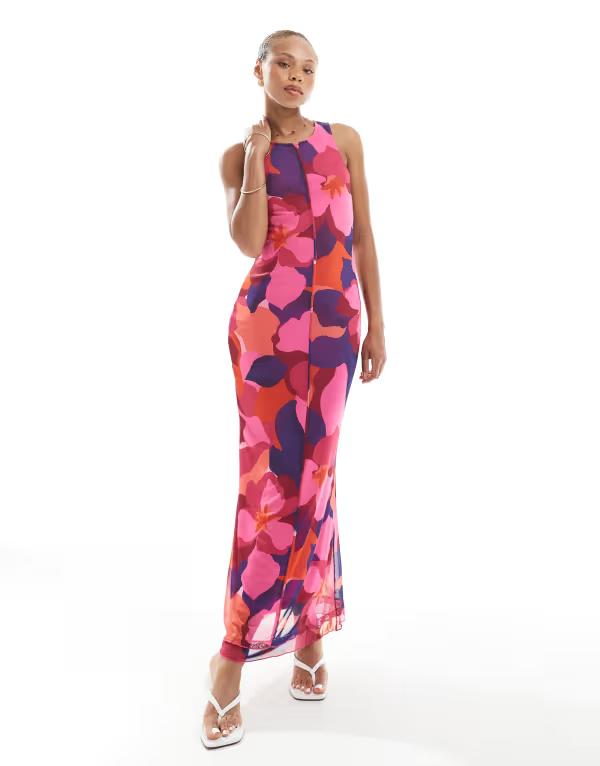 ヴェロモーダ レディース トップス ワンピース プリント メッシュ ノースリーブ Vero Moda sleeveless seam front mesh dress in bold abstract painted print Fuschia Pink AOP ピンク