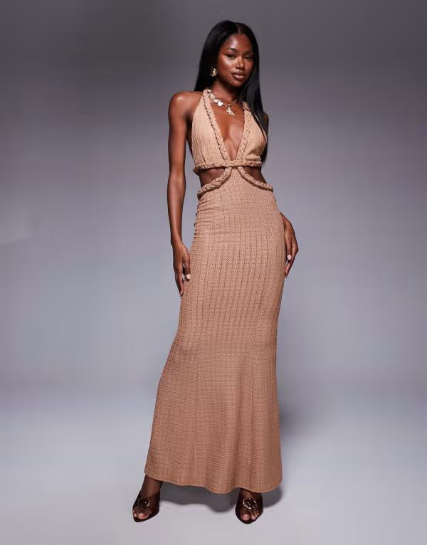 エイソス レディース トップス ワンピース リブニット ミディワンピース ミディ ニット ホルター ASOS DESIGN textured rib knit orange braided halter midi dress in camel Camel キャメル