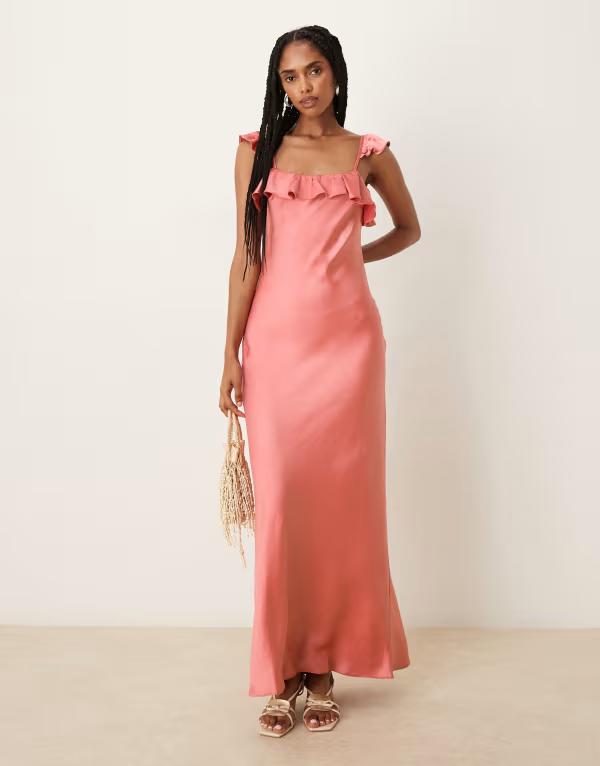 エイソス レディース トップス ワンピース マキシワンピース サテン マキシ ASOS DESIGN frill cami satin maxi dress in rose Rose｜ReVida 店