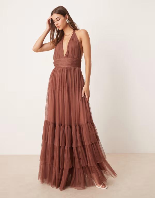 レース アンド ビーズ レディース トップス ワンピース ティアード マキシワンピース マキシ ホルター Lace & Beads halterneck tiered maxi dress in rose Rose brown ブラウン