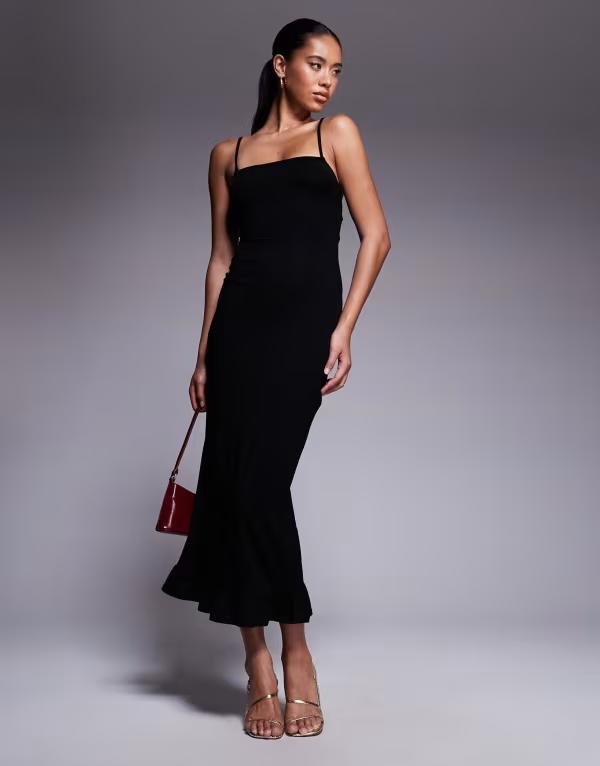 エイソス レディース トップス ワンピース フリル裾 マキシワンピース フリル レース マキシ ASOS DESIGN lace-up back strappy cami maxi dress with ruffle hem Black ブラック