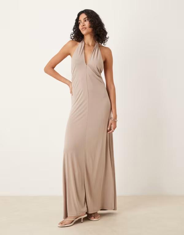 マンゴ レディース トップス ワンピース マキシワンピース マキシ ホルター Mango soft touch halter maxi dress in natural BEIGE ベージュ