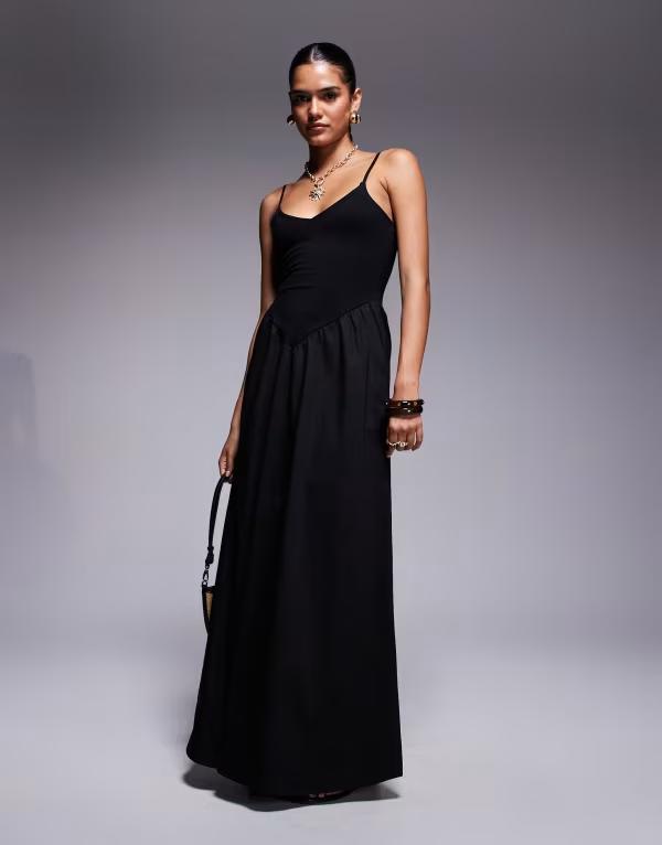 ファッションキラ レディース トップス ワンピース Vネック マキシワンピース コットン マキシ Fashionkilla cotton & poplin mix v neck drop waist detail maxi dress Black ブラック｜ReVida 店