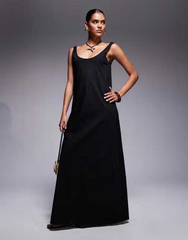 ファッションキラ レディース トップス ワンピース マキシワンピース マキシ Fashionkilla poplin scoop neck trapeze maxi dress Black ブラック