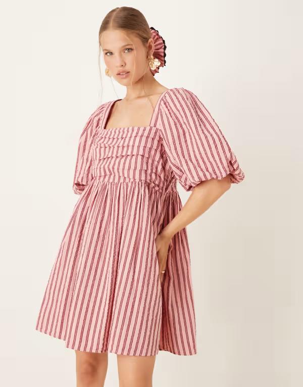 ノーバディーズ チャイルド レディース トップス ワンピース ミニワンピース ミニ Nobody's Child Nova puff sleeve mini dress stripes Pink Stripe ピンク