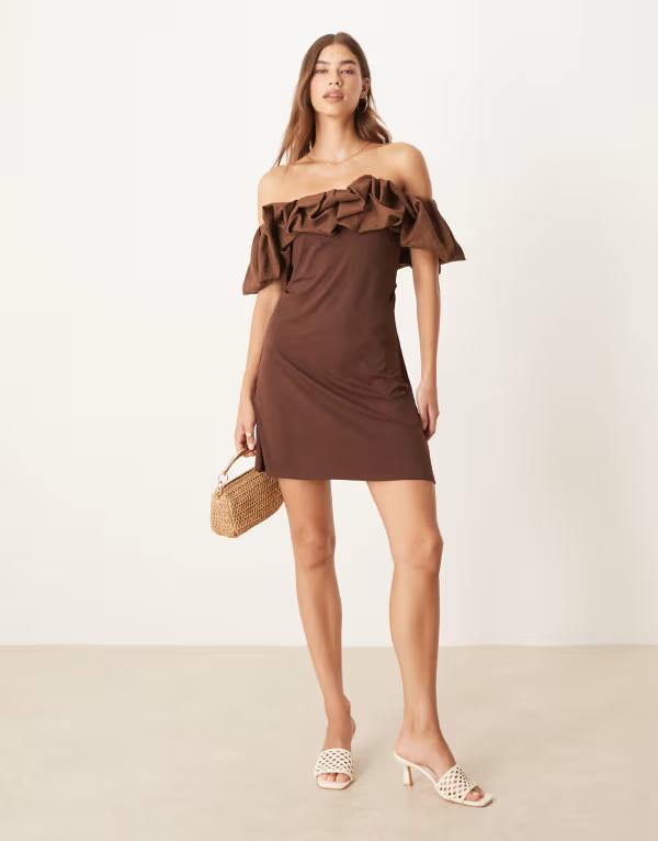 エイソス レディース トップス ワンピース ミニワンピース ミニ  DESIGN off the shoulder bubble mini dress BROWN ブラウン