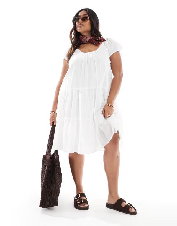 オンリーカーブ レディース トップス ワンピース ティアード ミディワンピース ミディ ONLY Curve scoop neck tiered boho midi dress WHITE ホワイト｜ReVida 店