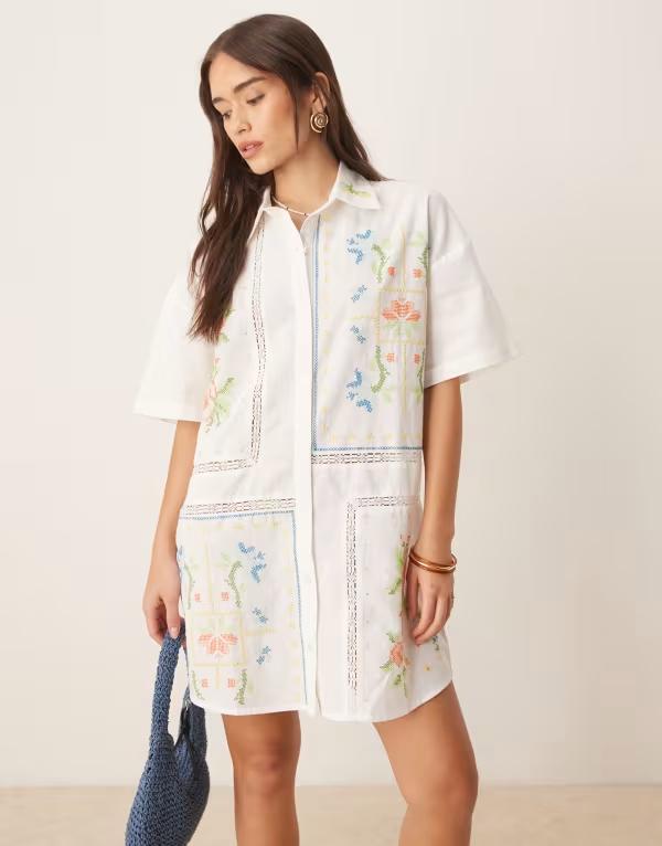 エイソス レディース トップス ワンピース シャツワンピース ミニ シャツ 刺繍 ASOS DESIGN embroidered mini shirt dress in cream Cream クリーム