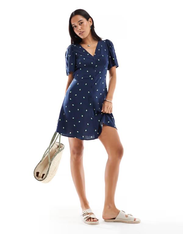 ヴェロモーダ レディース トップス ワンピース プリント ミニ Vero Moda button up mini skater dress with lemon print Navy All Over Print Lemons ネイビー|ReVida 店