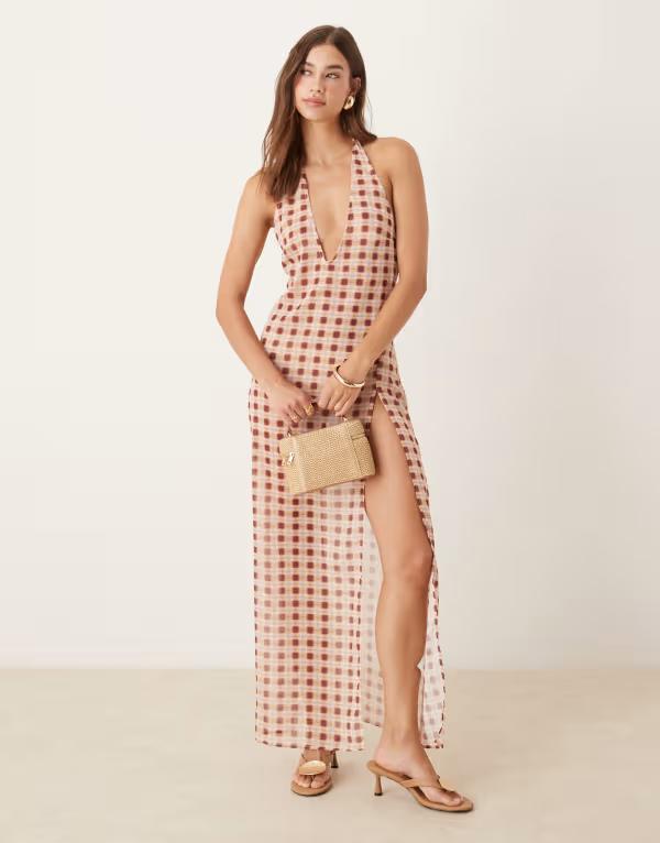 モーテル レディース トップス ワンピース マキシワンピース シアー マキシ Motel driti blurred plaid sheer maxi dress in peach BLURRED PLAID PEACH ピーチ