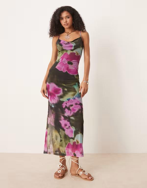 エイソス レディース トップス ワンピース ミディワンピース フラワー柄 プリント メッシュ ミディ フラワー ASOS DESIGN mesh cowl floral printed midi dress Black ブラック