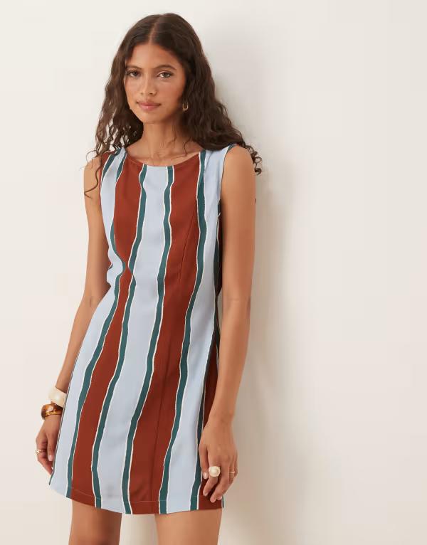 エイソス レディース トップス 衣装 ミニ衣装 ミニ リネン ASOS DESIGN linen blend slash neck mini dress wide stripes Blue Wide Stripe 青色 ワンピース-レディースファッション